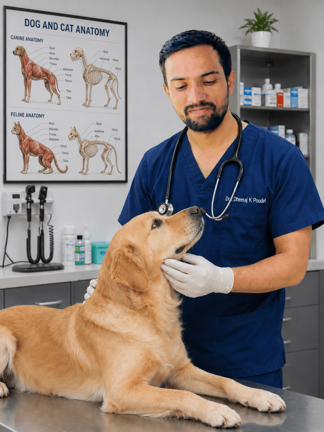 Dr. Dheeraj Kumar Poudel gently examining a golden retriever in the clinic